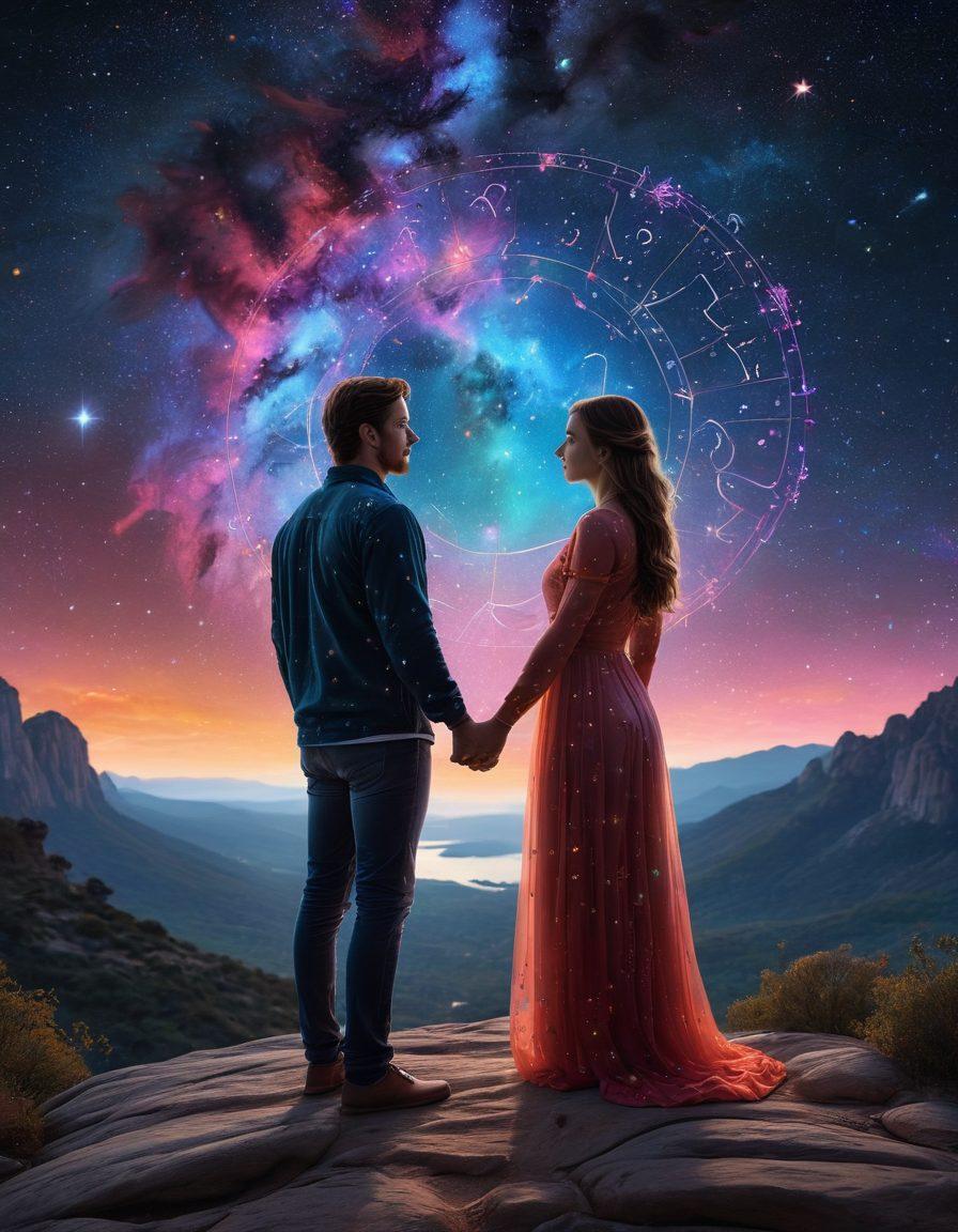 A mystical night sky filled with colorful constellations, seamlessly blending zodiac symbols and celestial bodies. Below, a couple holding hands gazing upwards, surrounded by vibrant astrological charts and personalized horoscopes, symbolizing their perfect union. Ethereal glow of stars illuminating their faces, conveying a sense of wonder and connection. super-realistic. vibrant colors. cosmic theme.