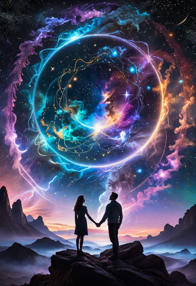 A celestial landscape featuring two intertwined zodiac signs, surrounded by stars and planets, symbolizing astrological compatibility. Include a serene couple standing hand-in-hand, gazing at the cosmic wonders, with a harmonious mix of vibrant colors illuminating the night sky. The background should be filled with ethereal constellations and glowing orbs representing emotional connections. mystical and dreamy. vibrant colors. super-realistic.