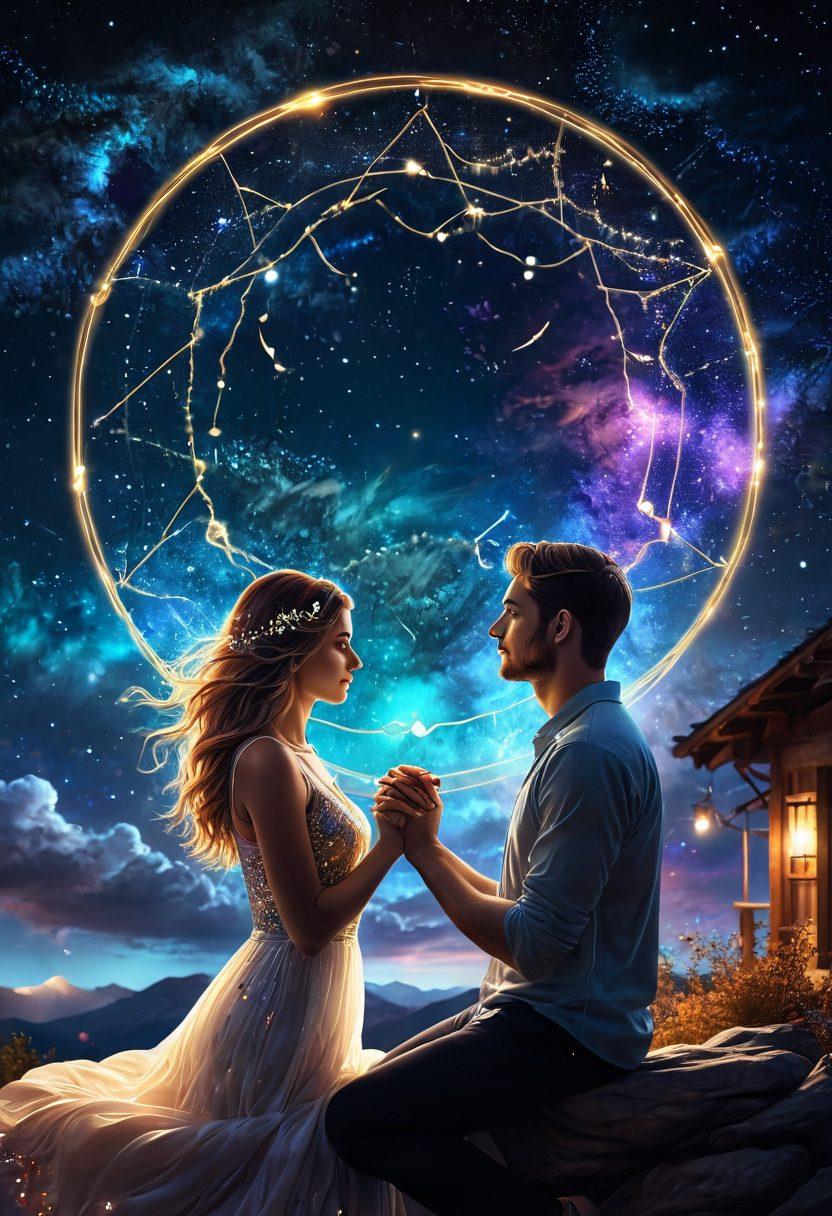 A mystical night sky filled with shimmering constellations, each representing a different star sign, interwoven with luminous threads symbolizing connections between the signs. In the foreground, a diverse couple gazes at the stars, with glowing zodiac symbols hovering around them, creating a sense of enchantment and deeper understanding. The overall tone is serene and ethereal, evoking a sense of love and compatibility. cosmic ambiance. vibrant colors. super-realistic.